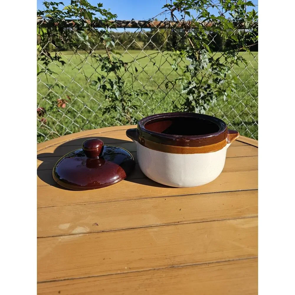 Vintage Brittany Cook N Serve Brown, Tan and White Stoneware Bean Pot with Lid